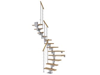 Mittelholmtreppe Dublin + Edelstahlgeländer, 14 Stufen, Eiche 75cm Treppenl 1/2gewend. Metallkomp perlgrau