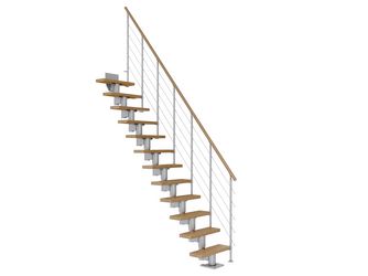 Mittelholmtreppe Dublin + Edelstahlgeländer, 14 Stufen, Eiche 75cm Treppenl gerade Metallkomp perlgrau
