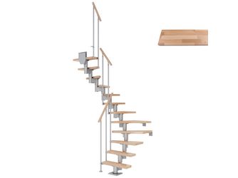 Mittelholmtreppe Dublin + Einzelstabgel., 12 Stufen, Buche 65cm Treppenl 1/2gewend. Metallkomp perlgrau