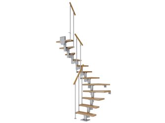 Mittelholmtreppe Dublin + Einzelstabgel., 13 Stufen, Eiche 65cm Treppenl 1/2gewend. Metallkomp perlgrau