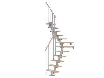 Mittelholmtreppe Dublin + Einzelstabgel., 14 Stufen, Ahorn 75cm Treppenl 1/4gewend. Metallkomp perlgrau