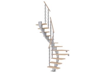 Mittelholmtreppe Frankfurt + Designgel, 65cm Treppenl 1/2 gew. 12 Stufen Eiche weiß, geölt, Metallkomp perlgrau