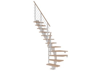 Mittelholmtreppe Frankfurt + Designgel, 65cm Treppenl 1/4 gew. 13 Stufen Eiche weiß, geölt, Metallkomp weiß