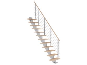 Mittelholmtreppe Frankfurt + Designgel, 65cm Treppenl gerade 12 Stufen Eiche weiß, geölt, Metallkomp perlgrau