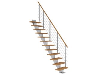 Mittelholmtreppe Frankfurt + Designgel, 65cm Treppenl gerade 13 Stufen Eiche geölt, Metallkomp perlgrau