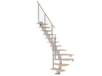 Mittelholmtreppe Frankfurt + Designgel, 75cm Treppenl 1/4 gew. 11 Stufen Eiche weiß, geölt, Metallkomp perlgrau