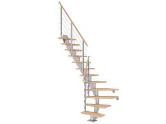 Mittelholmtreppe Frankfurt + Designgel, 75cm Treppenl 1/4 gew. 13 Stufen Buche geölt, Metallkomp perlgrau