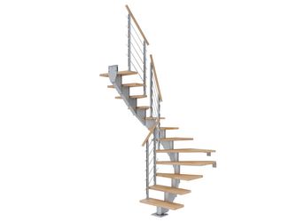 Mittelholmtreppe Hamburg + Designgel 75cm Treppenl 1/2gewendelt 14 Stufen Buche geölt, Metallkomp perlgrau