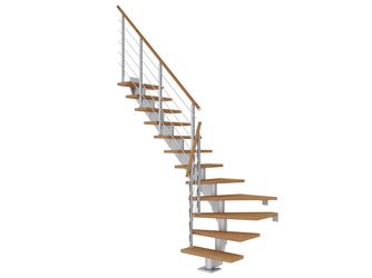 Mittelholmtreppe Hamburg + Designgel 75cm Treppenl 1/4gewendelt 11 Stufen Eiche geölt, Metallkomp perlgrau