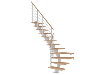 Mittelholmtreppe Hamburg + Designgel 75cm Treppenl 1/4gewendelt 12 Stufen Buche geölt, Metallkomp weiß