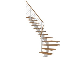 Mittelholmtreppe Hamburg + Designgel 75cm Treppenl 1/4gewendelt 13 Stufen Eiche geölt, Metallkomp weiß