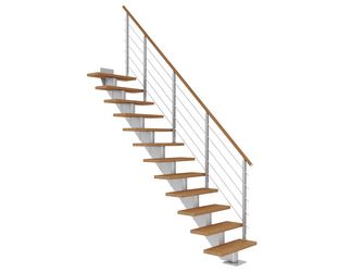 Mittelholmtreppe Hamburg + Designgel 75cm Treppenl gerade 14 Stufen Eiche geölt, Metallkomp perlgrau