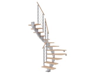 Mittelholmtreppe Hamburg + Designgel 85cm Treppenl 1/2gewendelt 13 Stufen Eiche weiß, geölt, Metallkomp perlgrau