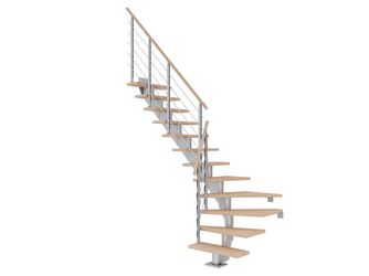 Mittelholmtreppe Hamburg + Designgel 85cm Treppenl 1/4gewendelt 11 Stufen Eiche weiß, geölt, Metallkomp perlgrau