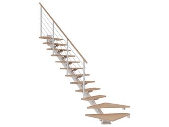 Mittelholmtreppe Sydney + Designgel 13 Stufen Eiche weiß geölt, Treppenl 1/4gewend. Metallkomp weiß