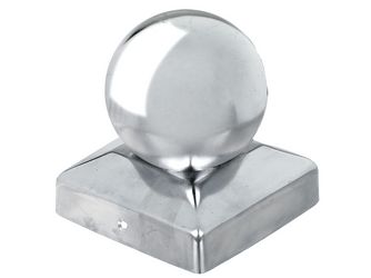 Pfostenkappe, für Holzpfosten, mit Kugel, Edelstahl, LxB 90x90mm, Kugel Ø80mm Pfostenkappe, für Holzpfosten, mit Kugel, Edelstahl, LxB 90x90mm, Kugel Ø80mm
