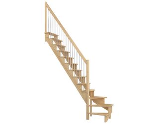 Raumspartreppe Lyon Kiefer unbeh. 1/4 gewendelt unten links Metallstäbe B 65cm GH bis 286 cm