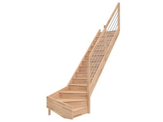Raumspartreppe Paris mit Setzstufen Buche unbeh. 1/4 gewendelt unten rechts Edelstahlstäbe B 83,5cm GH bis 318 cm