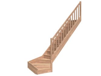 Raumspartreppe Paris mit Setzstufen Buche unbeh. 1/4 gewendelt unten rechts Rechteckstäbe B 83,5cm GH bis 318 cm