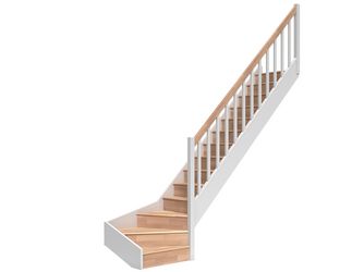 Raumspartreppe Paris mit Setzstufen Buche weiß 1/4 gewendelt unten rechts Rechteckstäbe B 83,5cm GH bis 318 cm