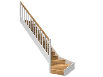 Raumspartreppe Paris mit Setzstufen Eiche weiß 1/4 gewendelt unten links Rechteckstäbe B 83,5cm GH bis 318 cm