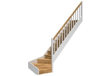 Raumspartreppe Paris mit Setzstufen Eiche weiß 1/4 gewendelt unten rechts Rechteckstäbe B 83,5cm GH bis 318 cm