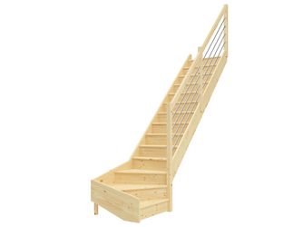 Raumspartreppe Paris mit Setzstufen Fichte unbeh. 1/4 gewendelt unten rechts Edelstahlstäbe B 83,5cm GH bis 318 cm