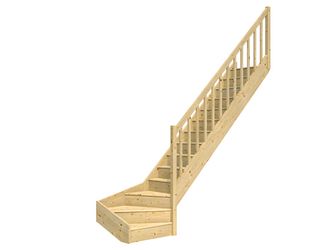 Raumspartreppe Paris mit Setzstufen Fichte unbeh. 1/4 gewendelt unten rechts Rechteckstäbe B 83,5cm GH bis 318 cm