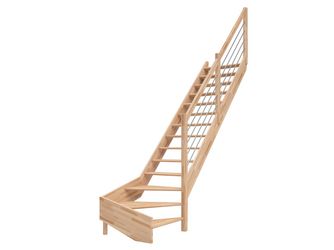 Raumspartreppe Paris ohne Setzstufen Buche unbeh. 1/4 gewendelt unten rechts Edelstahlstäbe B 83,5cm GH bis 318 cm