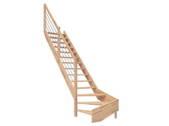 Raumspartreppe Paris ohne Setzstufen Buche versi. 1/4 gewendelt unten links Edelstahlstäbe B 83,5cm GH bis 318 cm