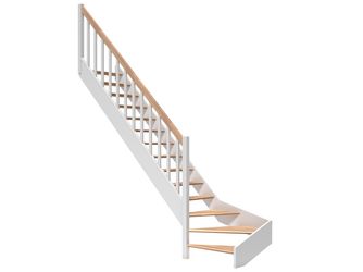 Raumspartreppe Paris ohne Setzstufen Buche weiß 1/4 gewendelt unten links Rechteckstäbe B 83,5cm GH bis 318 cm