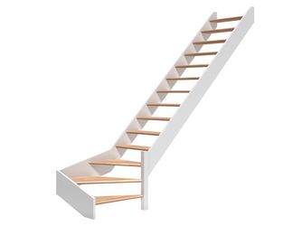Raumspartreppe Paris ohne Setzstufen Buche weiß 1/4 gewendelt unten rechts B 83,5cm GH bis 318 cm