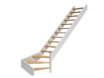 Raumspartreppe Paris ohne Setzstufen Eiche weiß 1/4 gewendelt unten rechts B 83,5cm GH bis 318 cm