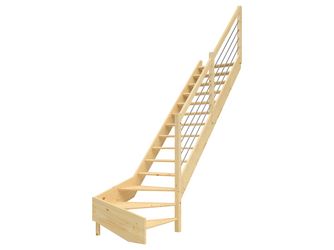 Raumspartreppe Paris ohne Setzstufen Fichte unbeh. 1/4 gewendelt unten rechts Edelstahlstäbe B 83,5cm GH bis 318 cm