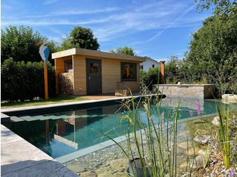 Sauna Blockhaus Tiroler Schloß Rimini Skand. Fichte Flachdach, Stärke: 58mm, 509x212cm