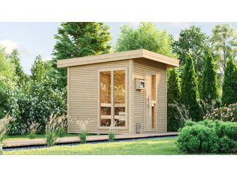 Saunahaus 45mm KUOPIO mit neuem Fenster, natur, inkl. Technikpaket 2
