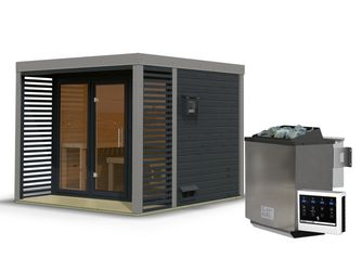 Saunahaus Ares 3 SET anthrazit/graualuminium mit Ofen 11kW Bio ext. Strg. 2760x2760x2315mm
