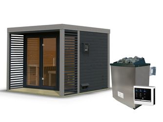 Saunahaus Ares 3 SET anthrazit/graualuminium mit Ofen 11kW ext. Strg. 2760x2760x2315mm