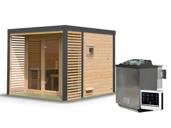 Saunahaus Ares 3 SET naturbelassen/anthrazit mit Ofen 11kW Bio ext. Strg. 2760x2760x2315mm