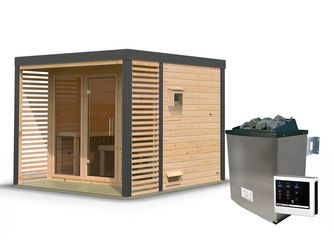 Saunahaus Ares 3 SET naturbelassen/anthrazit mit Ofen 11kW ext. Strg. 2760x2760x2315mm