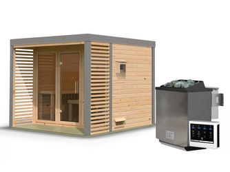 Saunahaus Ares 3 SET naturbelassen/graualuminium mit Ofen 11kW Bio ext. Strg. 2760x2760x2315mm