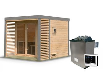 Saunahaus Ares 3 SET naturbelassen/graualuminium mit Ofen 11kW ext. Strg. 2760x2760x2315mm