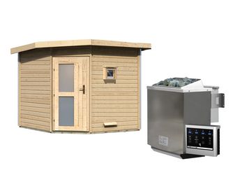 Saunahaus Heikki mit Milchglastür SET Ofen 9 kW Bio externe Strg easy Saunahaus Heikki mit Milchglastür SET Ofen 9 kW Bio externe Strg easy