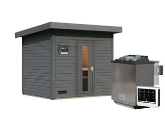 Saunahaus Hytti 3 SET terragrau mit Ofen 11kW Bio ext. Strg. 1960x2310x2280mm