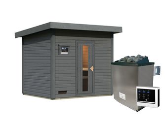 Saunahaus Hytti 3 SET terragrau mit Ofen 11kW ext. Strg. 1960x2310x2280mm