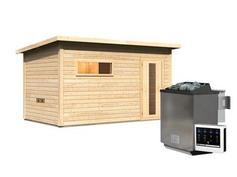 Saunahaus Hytti 6 mit Iso-Tür SET naturbelassen mit Ofen 11kW Bio ext. Strg. 2310x3960x2170mm