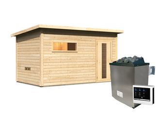 Saunahaus Hytti 6 mit Iso-Tür SET naturbelassen mit Ofen 11kW ext. Strg. 2310x3960x2170mm