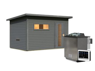 Saunahaus Hytti 6 mit Iso-Tür SET terragrau mit Ofen 11kW Bio ext. Strg. 2310x3960x2170mm