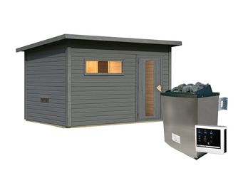 Saunahaus Hytti 6 mit Iso-Tür SET terragrau mit Ofen 11kW ext. Strg. 2310x3960x2170mm