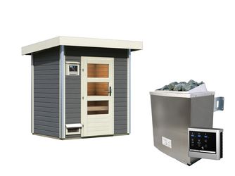Saunahaus Jorgen mit moderner Tür SET terragrau mit Ofen 9 kW ext. Strg. Modern 1960x1460x2280mm Saunahaus Jorgen mit moderner Tür SET terragrau mit Ofen 9 kW ext. Strg. Modern 1960x1460x2280mm
